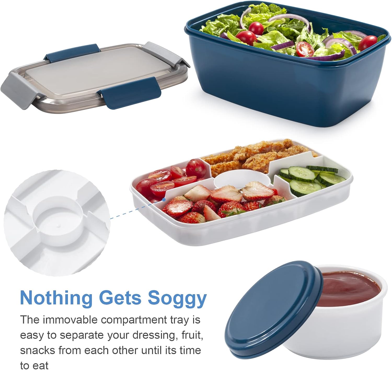 Freshmage Large Salad Container for Lunch, 2 Packs 68oz Salad Bowls with 5 Compartments, Salad Dressings Container for Salad Toppings, Snacks, Men, Women (Pink+Blue)