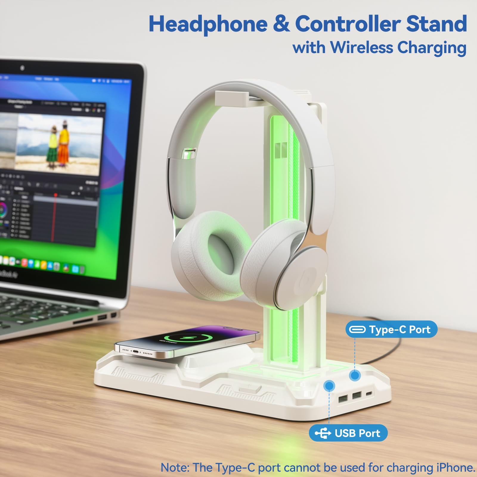 KDD Headphone & Controller Stand with Wireless Charging - Rotatable Headset Stand with 9 Light Modes - Controller Holder with 2 USB and Type C Ports - for Gamers Desktop Accessories