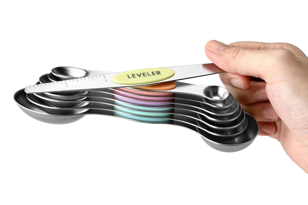 Spring Chef Stainless Steel Magnetic Measuring Spoons Set with Strong N45 Magnets, Heavy Duty Metal Kitchen Gadgets for Baking & Cooking, Fits in Most Kitchen Spice Jars, Set of 8 with Leveler, Black