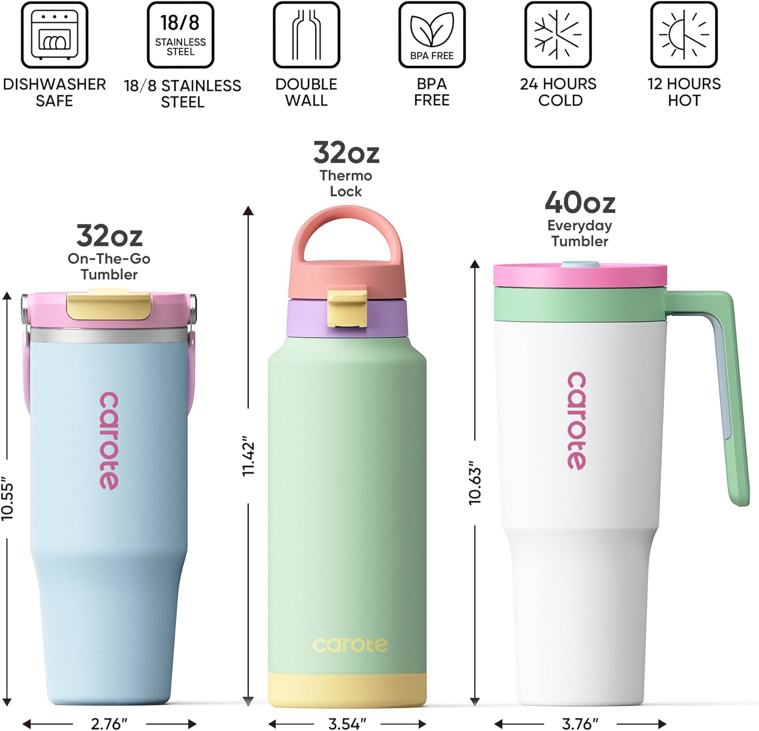 CAROTE 3-Pack Insulated Stainless Steel Water Bottles with Upgraded Leakproof Tech, Car Holder Fit & Scratch-Resistant, 32/32/40 oz Travel Straw Tumblers Set for Home/Car/Outdoor (Macaron)