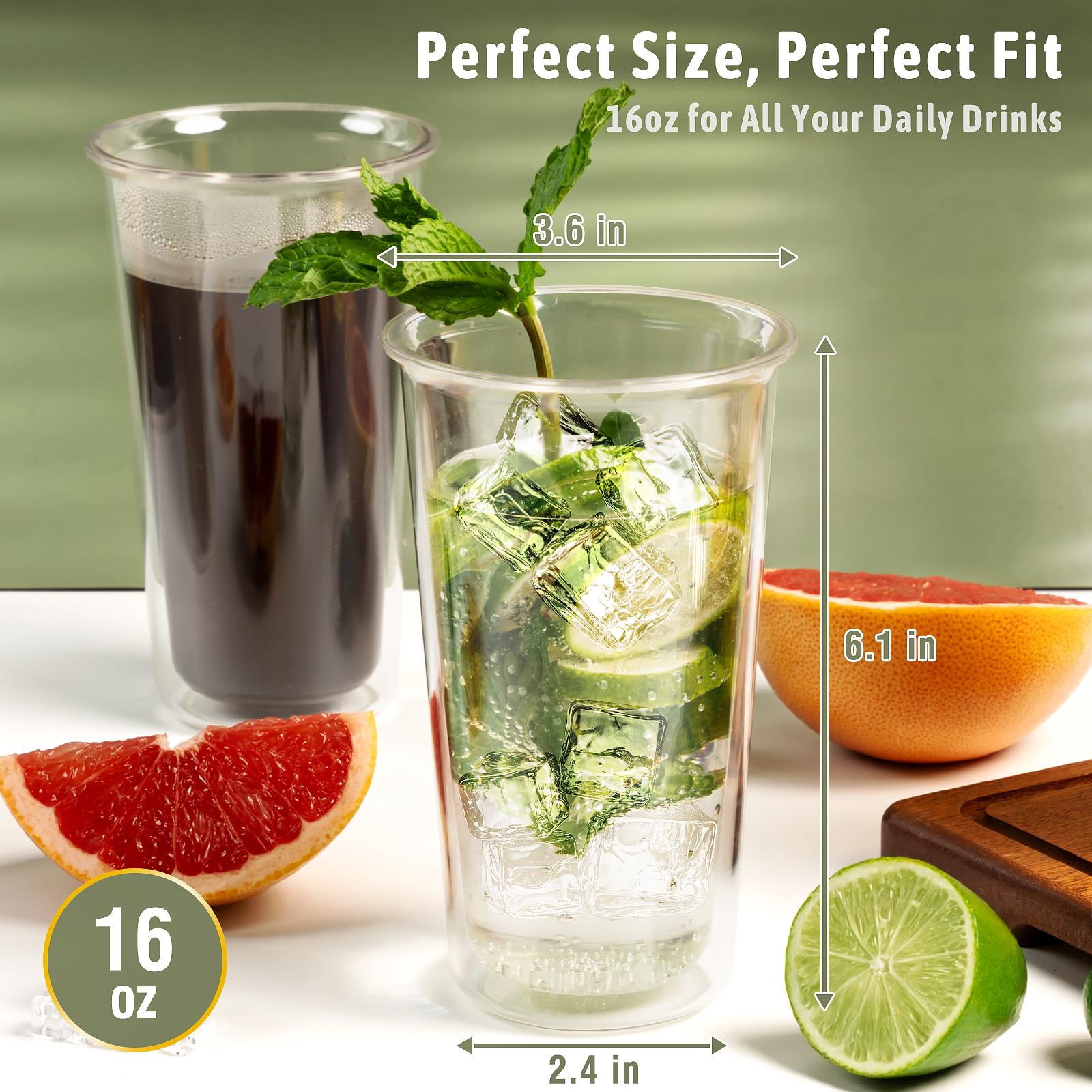 Freshmage 16oz Double Walled Insulated Tumblers (4 Pack), Tumbler Cups Keep Drinks Cold & Hot, Crystal Clear Reusable Plastic Cups, BPA-Free Plastic Drinking Glasses, Dishwasher Safe