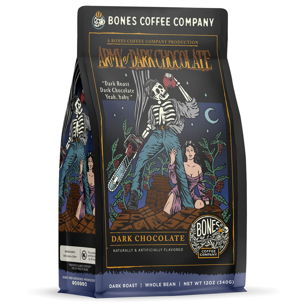 Bones Coffee Company Salted Caramel Flavored Coffee, Medium Roast Low Acid Arabica Beans Compatible with Auto drip and French Press Coffee Maker, 12 Oz Whole Bean