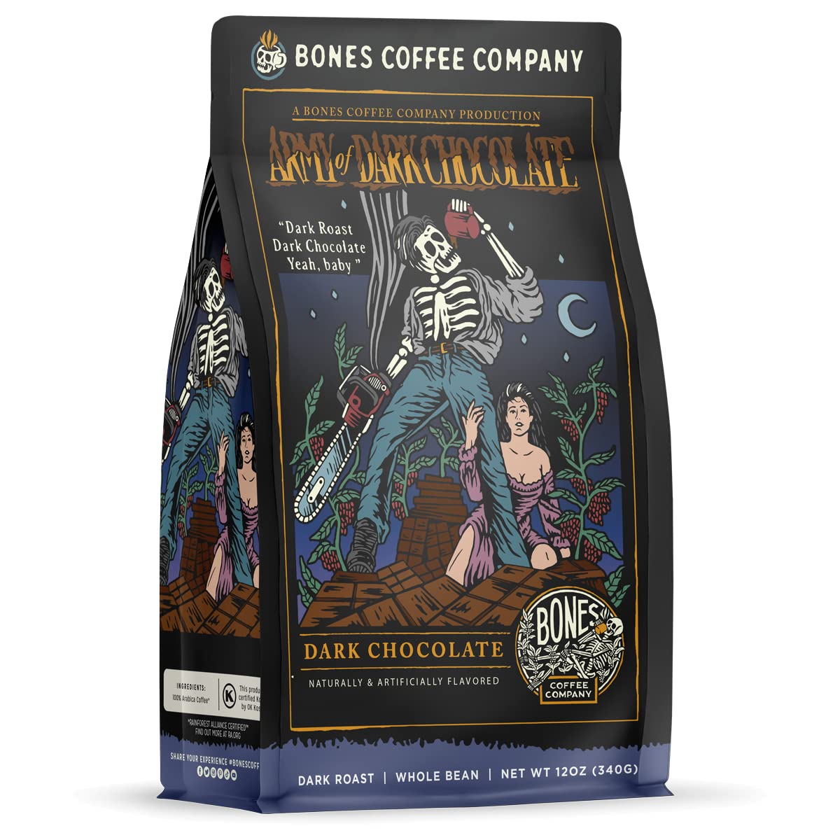 Bones Coffee Company Salted Caramel Flavored Coffee, Medium Roast Low Acid Arabica Beans Compatible with Auto drip and French Press Coffee Maker, 12 Oz Whole Bean