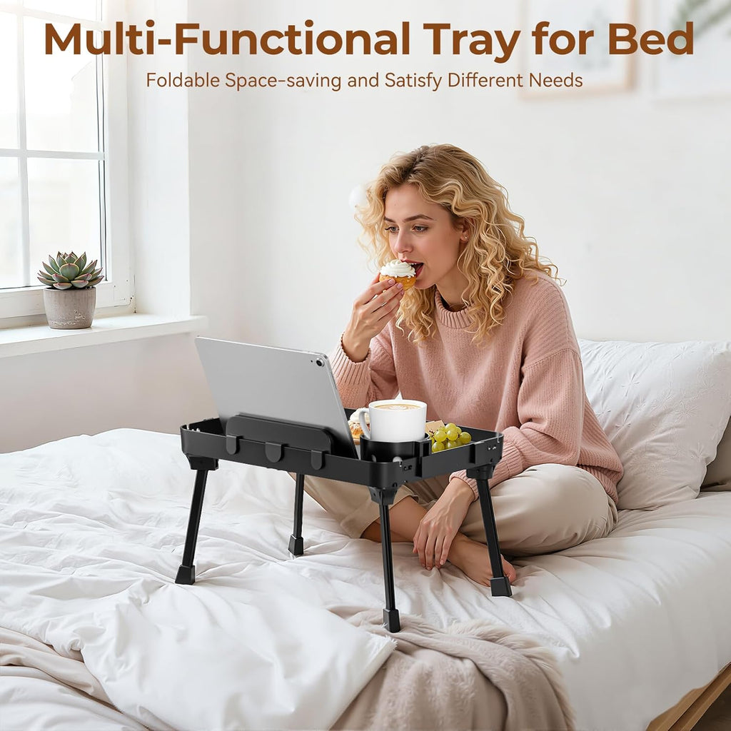 KDD Bed Tray Table with Folding Legs,Breakfast Tray with Removable Cup Holder & Phone Tablet Holder,Foldable Lap Tray for Bed, Sofa,Laptop Desk,Working,Snack, Kitchen Serving Tray,TV Table,Reading