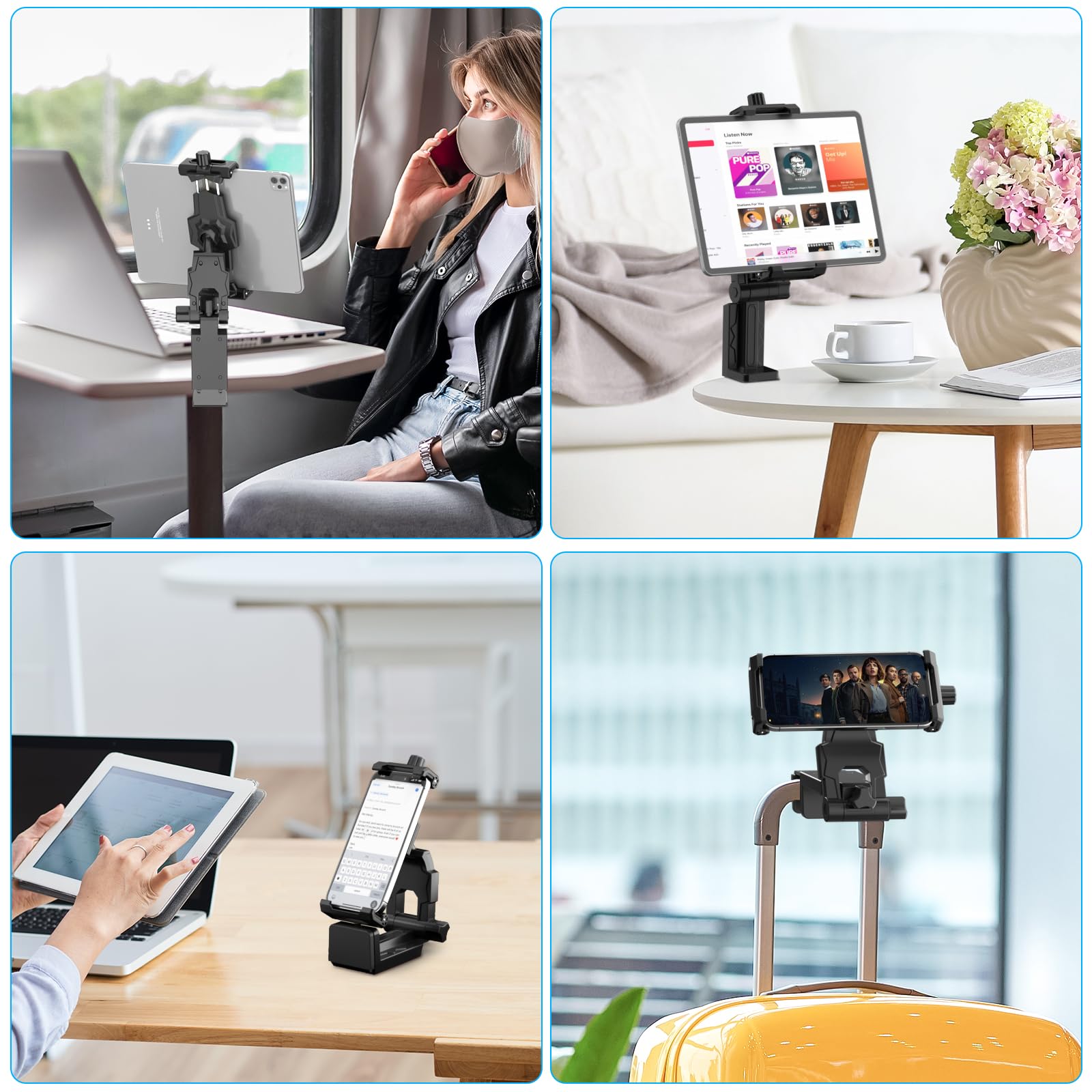 KDD Airplane Tablet Holder Mount, Adjustable Travel Essentials iPad Phone Stand with 360 Degree Rotation, Portable Tesla Model 3/Y Car Headrest Mount Compatible with iPad, Cell Phone