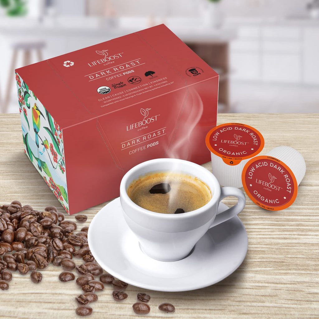 Lifeboost Medium Roast Low Acid Coffee K Cups - Single Origin Mold Free Non-GMO Organic Coffee Pods - Compatible with Keurig & Keurig 2 Machines - 10 Count