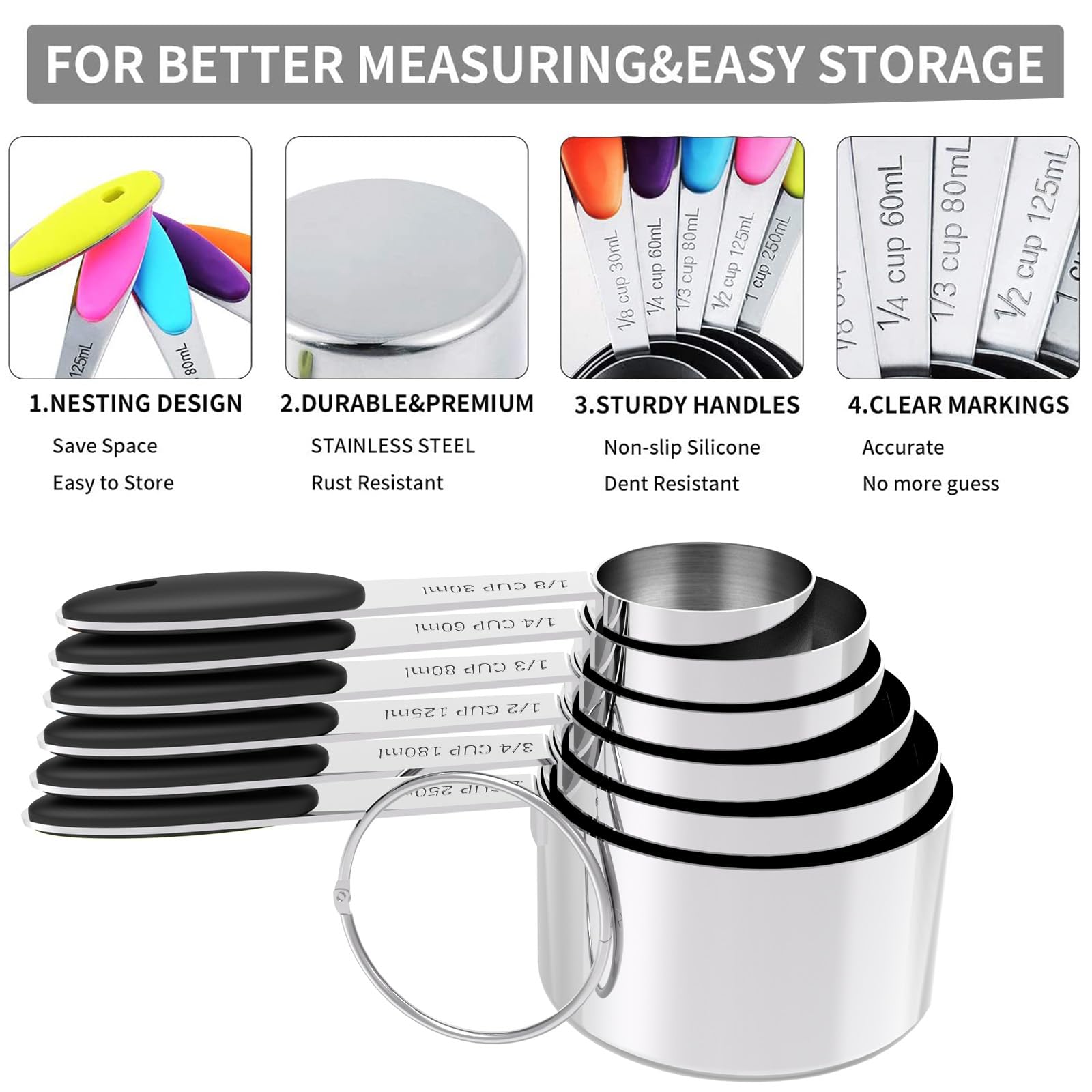 TILUCK Measuring Cups and Spoons Set, Stainless Steel, Kitchen Utensils for Cooking and Baking (10)