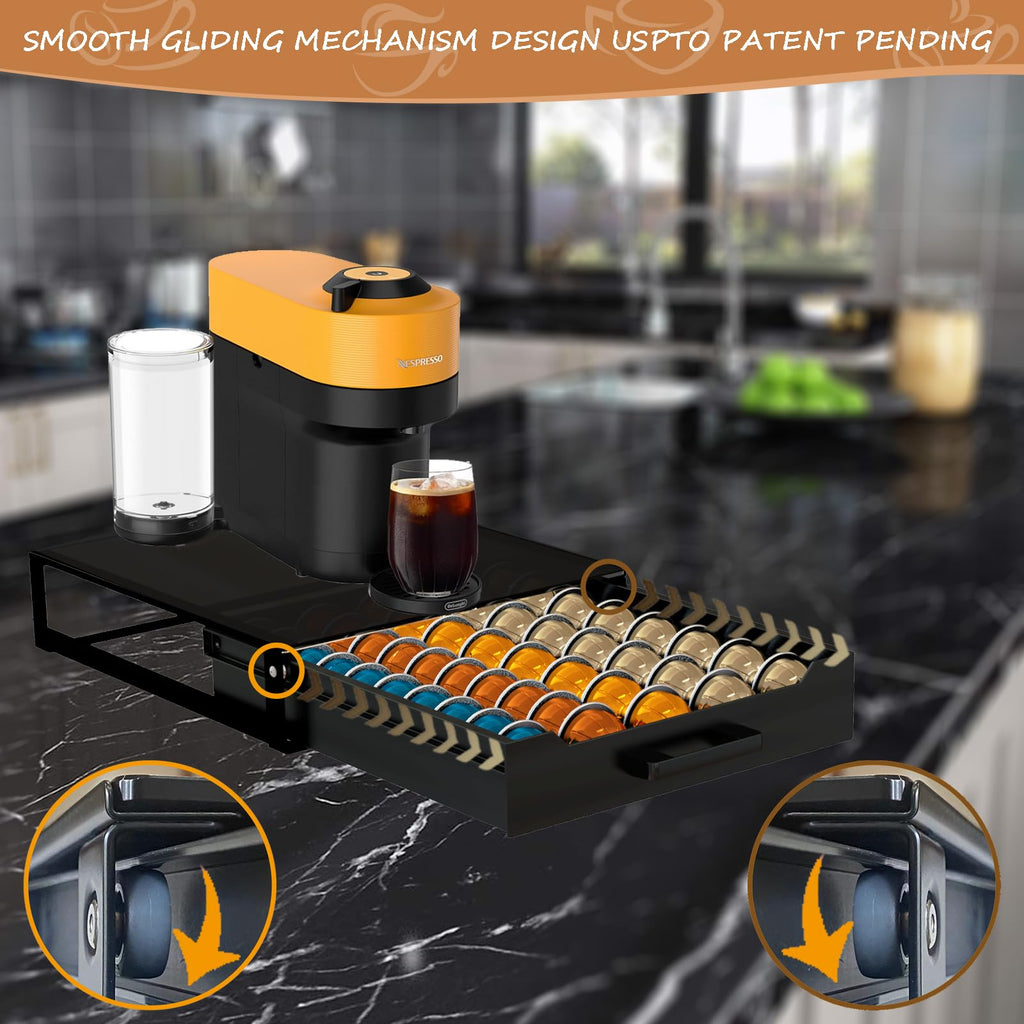 Vertuo Pod Holder Drawer with Deluxe Black Tempered Glass Top, Compatible for Nespresso VertuoLine Pods, Holds up to 75 Small or 50 Big Vertuo Pods Compact Design (Piano Black Nespresso Pods Holder)