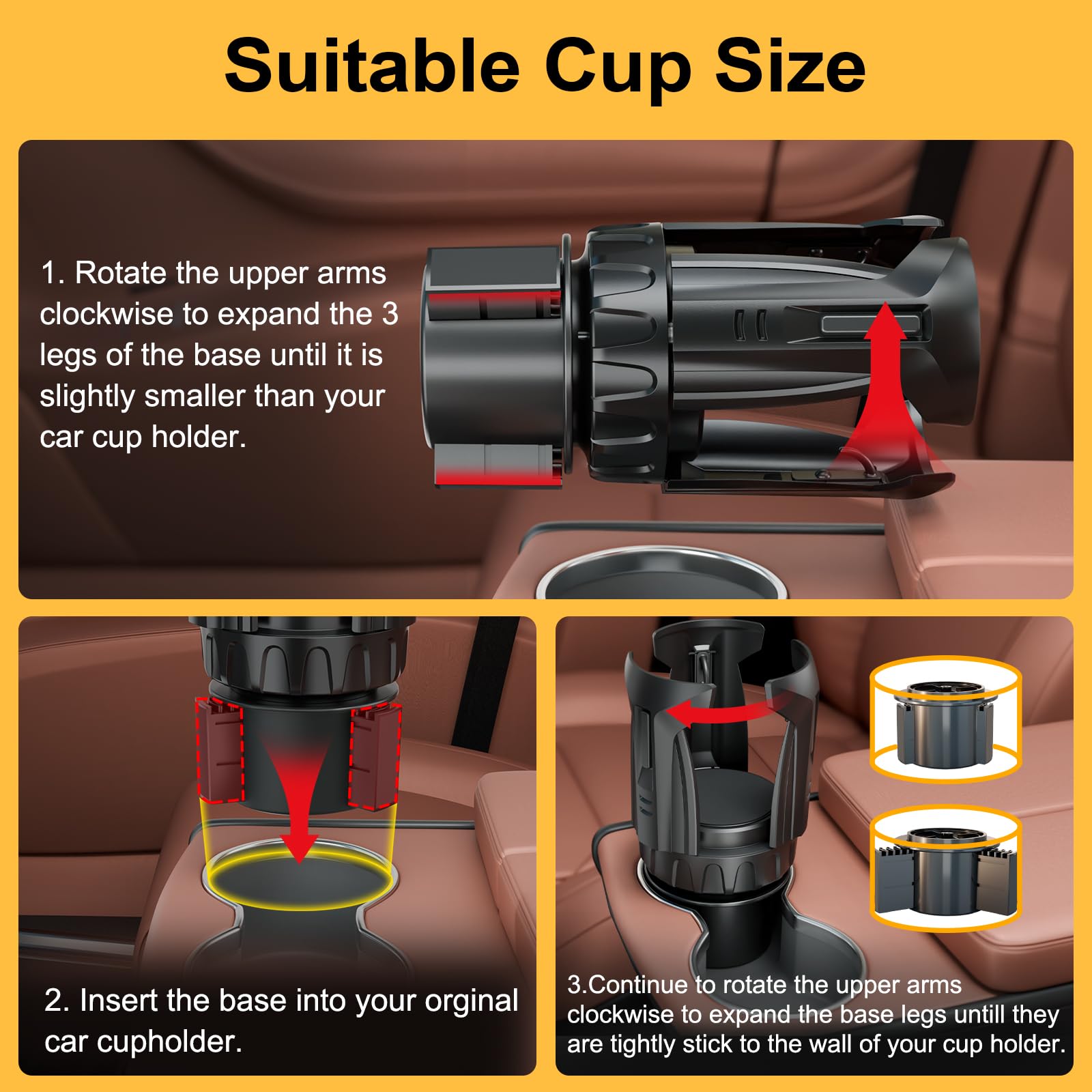 Cup Holder Expander (Adjustable Holder & Base, Auto-Fit Hold, One Button Open), Car Cup Holder Expander for Yeti, Hydro Flask, Nalgene, Owala, Bottles in 2.6"- 4.8" (Light Black, 1 Pack)