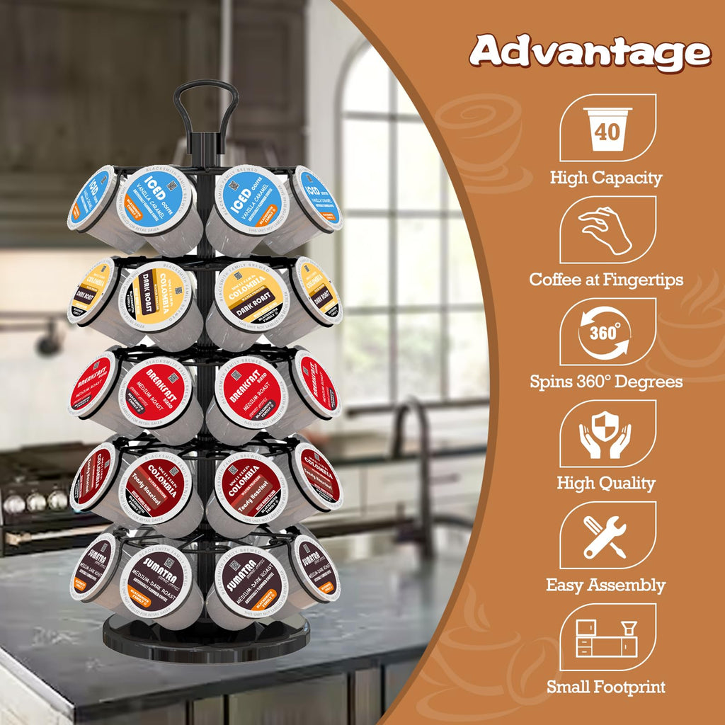 K Cup Holders,K Cup Holder, K Cups Holder,K Cup Carousel, Coffee Pods Holder Storage Organizer Stand,No Assembly Required,Black (Capacity of 40 Pods, Black)