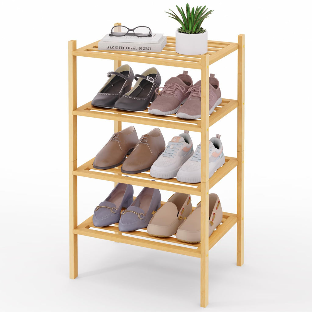 Smiry Bamboo Shoe Rack 3-Tier, Stackable Wooden Shoe Organizer for Entryway & Closet, Free Standing Wood Shoe Storage Shelf for Front Door & Small Spaces, Natural
