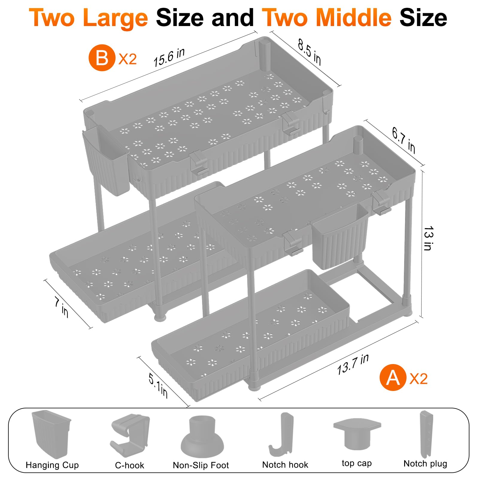 4 Pack Under Sink Organizer, Bathroom Organizers and Storage, 2 Tier Multi-Use Pull Out Cabinet Organizer with Hang Hooks and Cups (Black, 4 Pack)