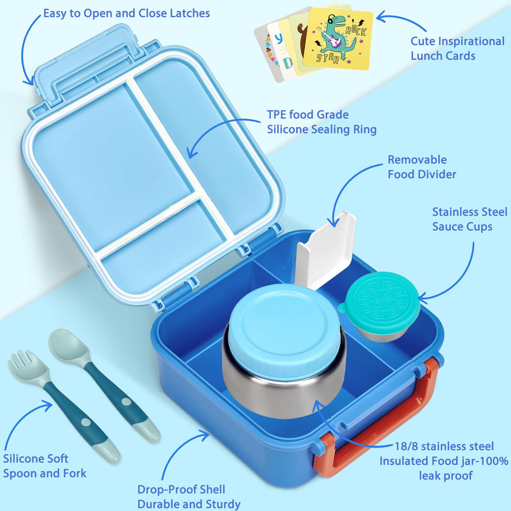 Kids Bento Lunch Box with 9oz Soup Thermo Leakproof Lunch Food Containers 4 Compartment with Insulated Hot Food Jar for Kid Toddler Girls Boys to School Trvael