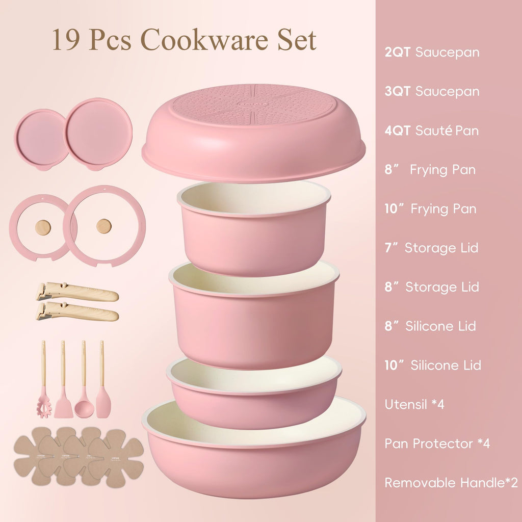 CAROTE Pots and Pans Set, Nonstick Cookware Set Detachable Handle, 19pcs Induction Kitchen Cookware Sets Non Stick with Removable Handle, RV Cookware Set, Oven Safe, Sage Green