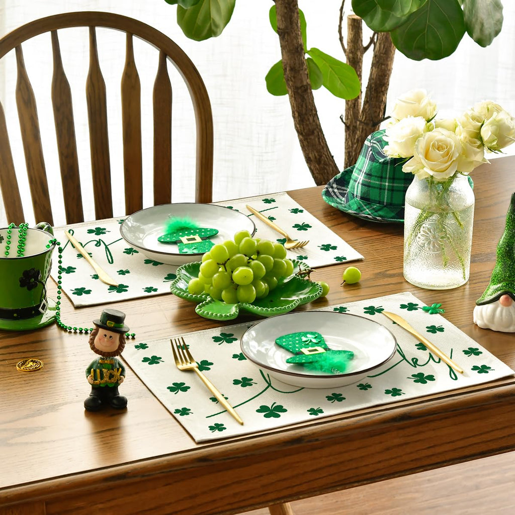 Artoid Mode Green Lucky Shamrock St. Patrick's Day Placemats Set of 4, 12x18 Inch Seasonal Spring Table Mats for Party Kitchen Dining Decoration