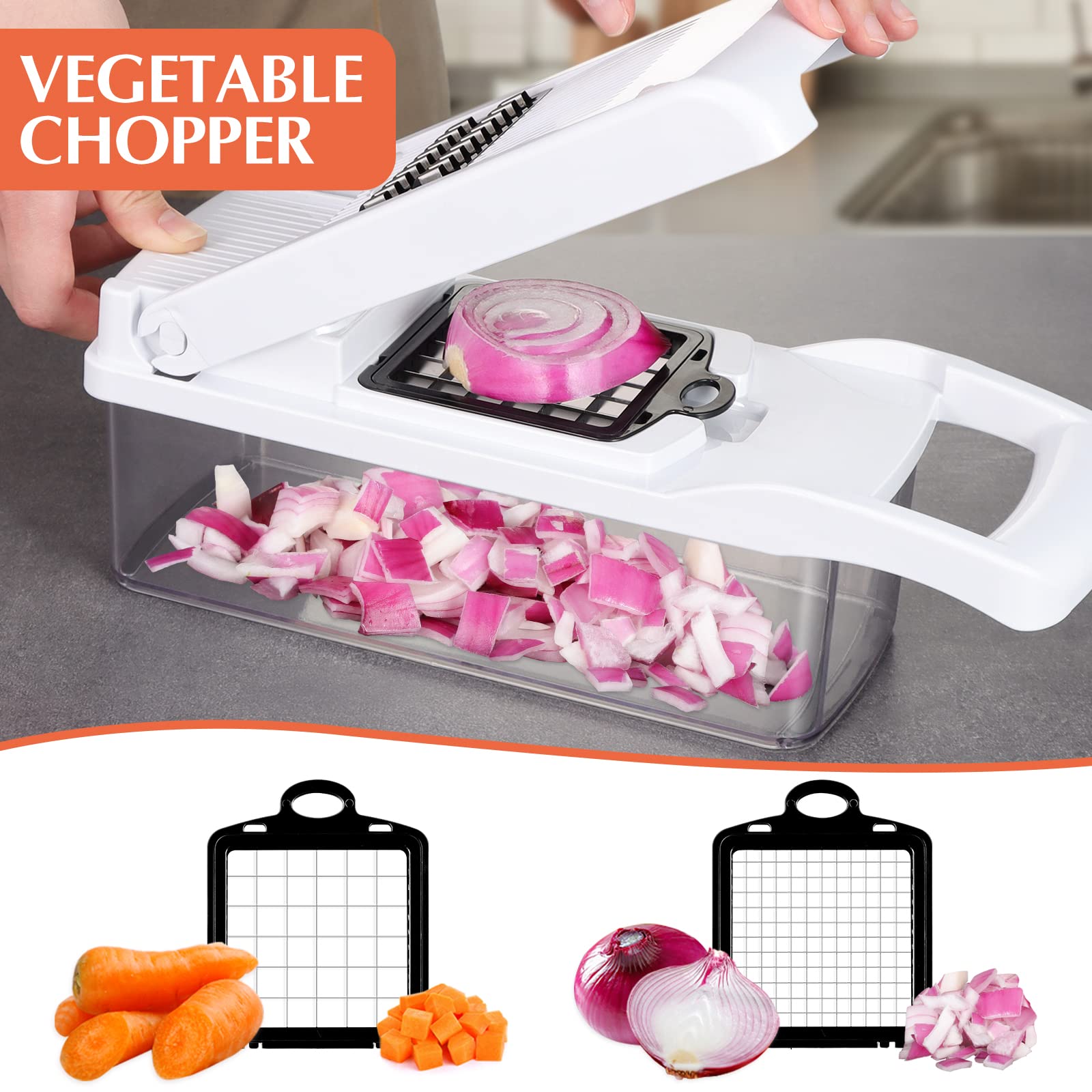 KEOUKE Vegetable Chopper Mandoline Slicer Grey - 12 in 1 Interchangeable Blades Food Chopper with Container, Hand Guard & Drainer, Veggie Dicer Kitchen Gadget for Onion, Cucumber, Tomato, Fruit