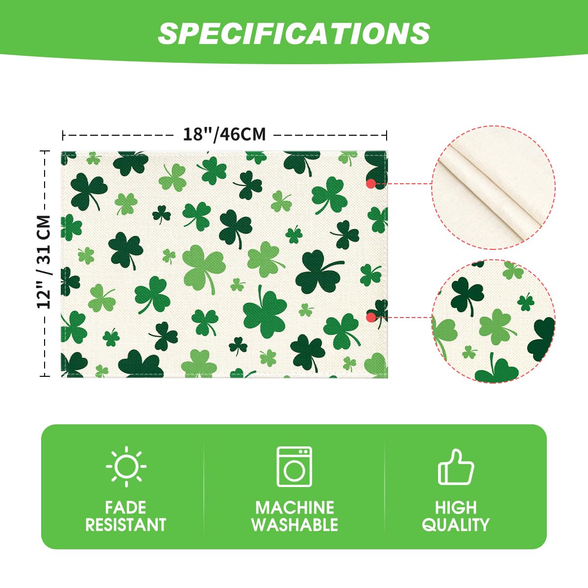 Artoid Mode Green Shamrock St. Patrick's Day Placemats Set of 4, 12x18 Inch Seasonal Spring Table Mats for Party Kitchen Dining Decoration