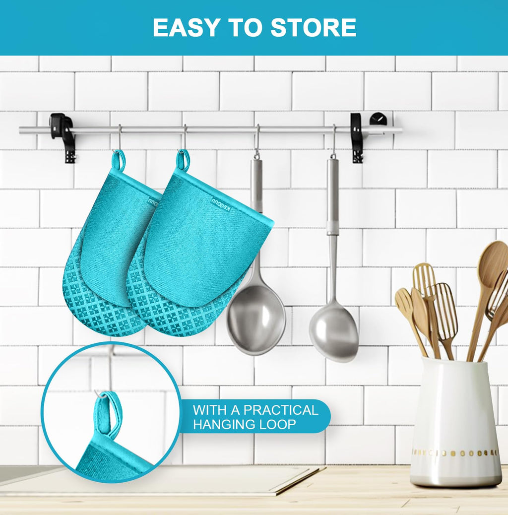 Mini Oven Mitts Heat Resistant Gloves,Silicone Oven Mitts Designed for Air Fryer/Microwave/Oven, Easy Food Handling,Cute Oven Mitt Heat Resistant Up to 500℉, for Adults & Kids，Blue