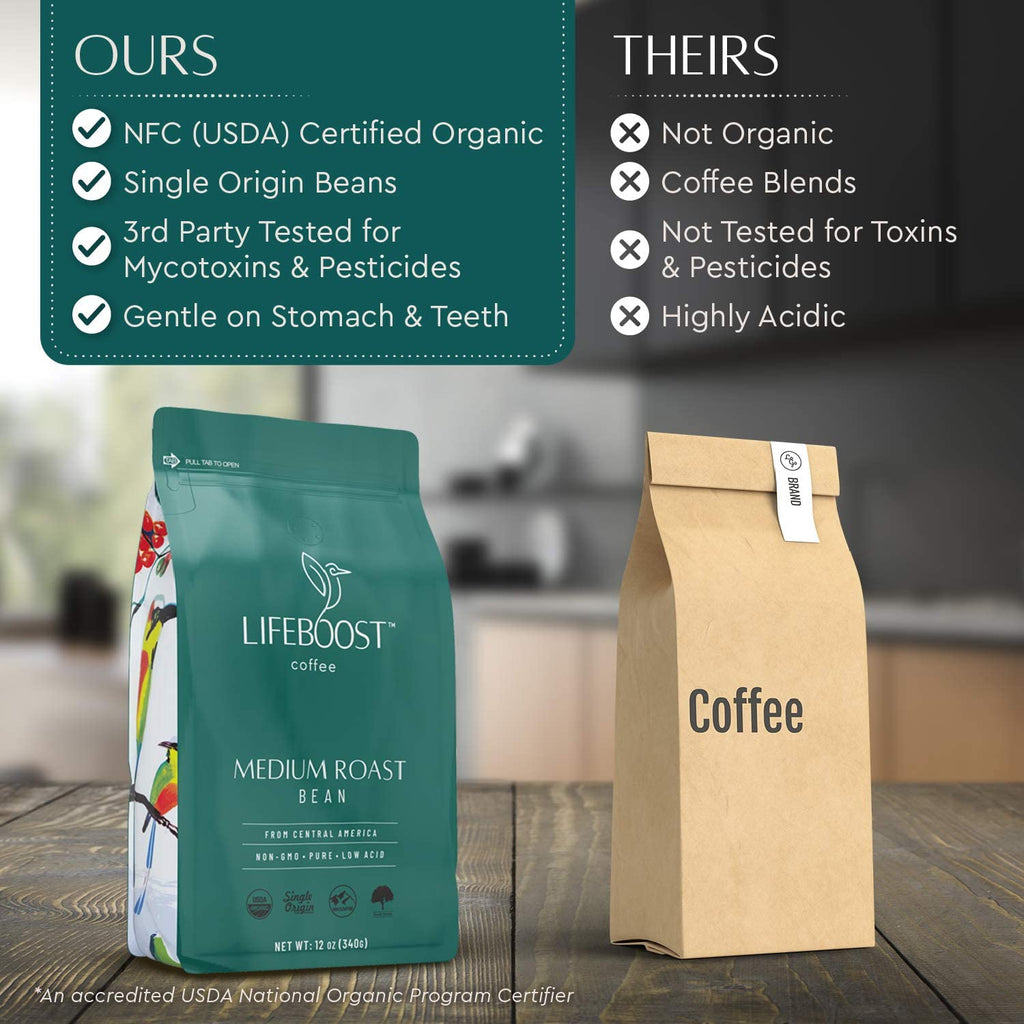 Lifeboost Dark Organic Coffee Beans - Single Origin Non-GMO Dark Roast Low Acid Coffee Beans - Third Party Tested For Mycotoxins & Pesticides - Whole Bean - 12 Ounces