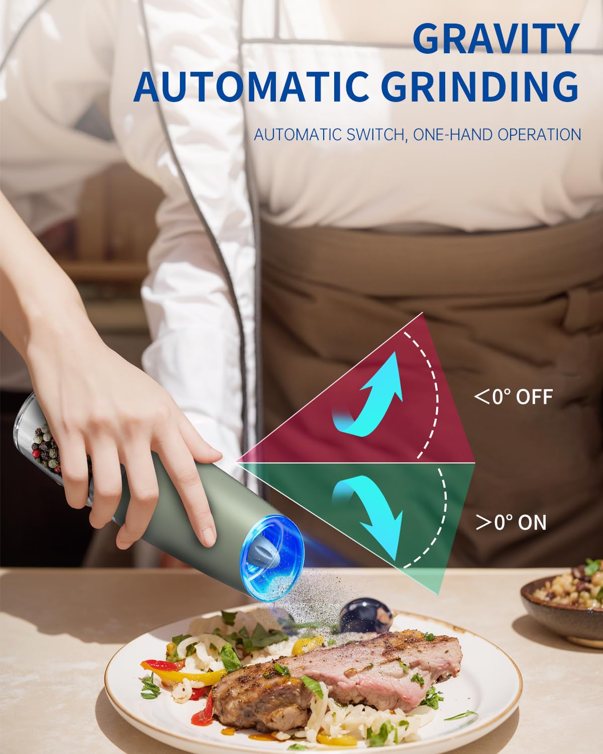 CIRCLE JOY Rechargeable Salt and Pepper Grinder Set Gravity Electric Salt and Pepper Grinder Set, LED Light, Adjustable Coarseness, for Home Kitchen BBQ, Black & White