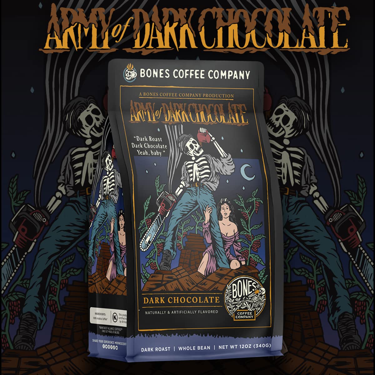 Bones Coffee Company Salted Caramel Flavored Coffee, Medium Roast Low Acid Arabica Beans Compatible with Auto drip and French Press Coffee Maker, 12 Oz Whole Bean