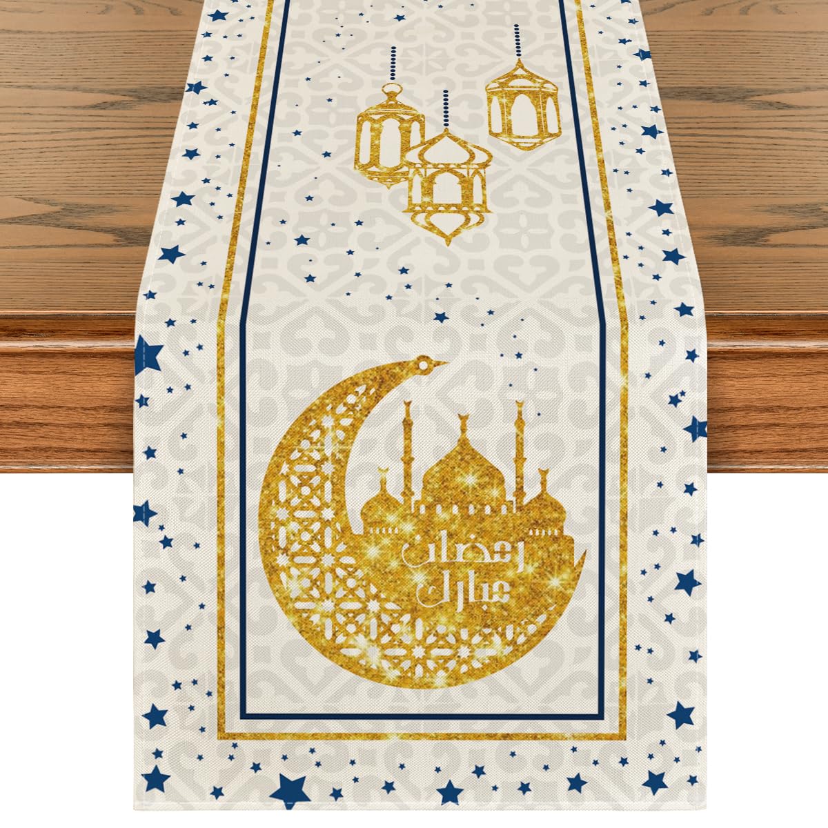Artoid Mode Black Moon Star Gloden Ramadan Table Runner, Seasonal Summer Holiday Kitchen Dining Table Decoration for Home Party Decor 13 x 72 Inch