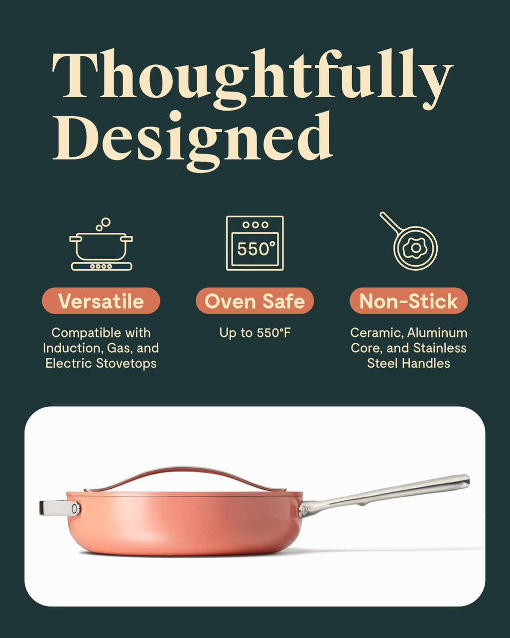 Caraway Nonstick Ceramic Sauté Pan with Lid (4.5 qt, 11.8") - Non Toxic, PTFE & PFOA Free - Oven Safe & Compatible with All Stovetops (Gas, Electric & Induction) - Cream
