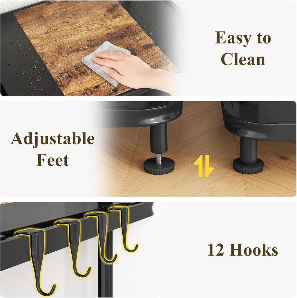 SNTD Kitchen Bakers Rack with Power Outlet - Easy & Tool-Free Assembly, Adjustable Coffee Bar Station 4 Tiers, Microwave Stand with 12 Hooks, Brown