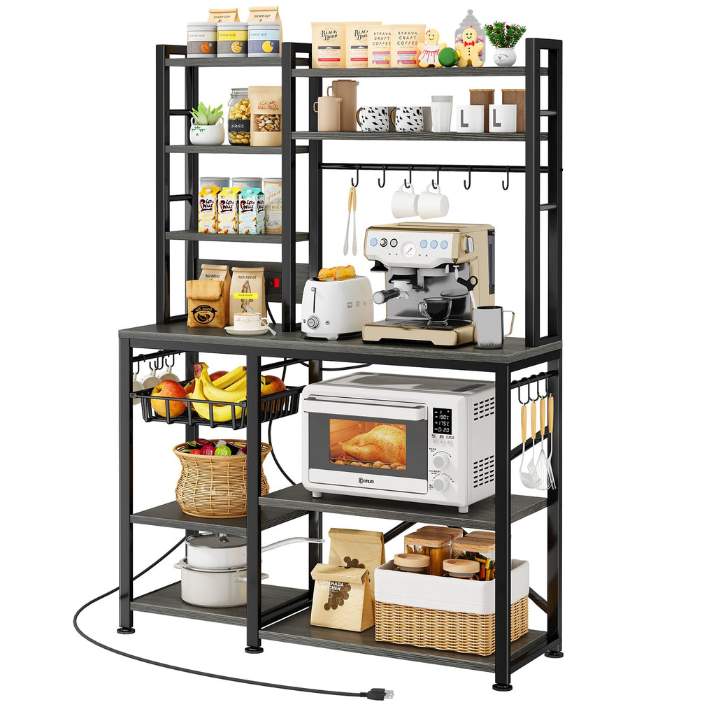 Baker Rack with Power Outlet - Microwave Stand with Storage, Large Coffee Bar Station with 14 Hooks, Metal Kitchen Shelf Rack for Spices, Pots (Rustic Brown) | with Power Outlet, with Storage, with 14 Hooks, for Spices, for Pots