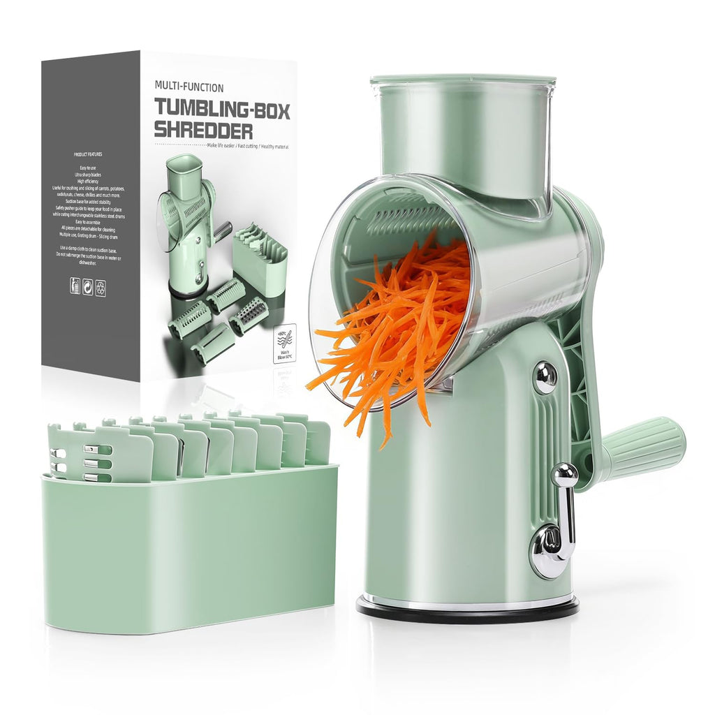 KEOUKE Rotary Cheese Grater 5 in 1 White - Hand Crank Vegetable Cutter, Shredder, Slicer, Enlarge Input, Suction Base, Labor-Saving Handle, Blade Storage Box, for Onion, Potato, Vegetable, Nuts, etc