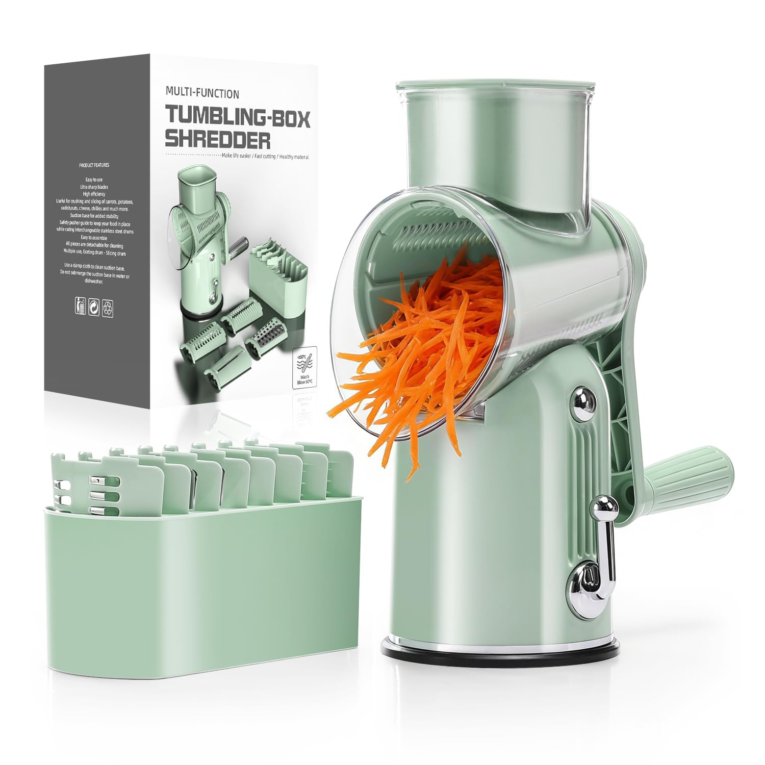 KEOUKE Rotary Cheese Grater 5 in 1 White - Hand Crank Vegetable Cutter, Shredder, Slicer, Enlarge Input, Suction Base, Labor-Saving Handle, Blade Storage Box, for Onion, Potato, Vegetable, Nuts, etc