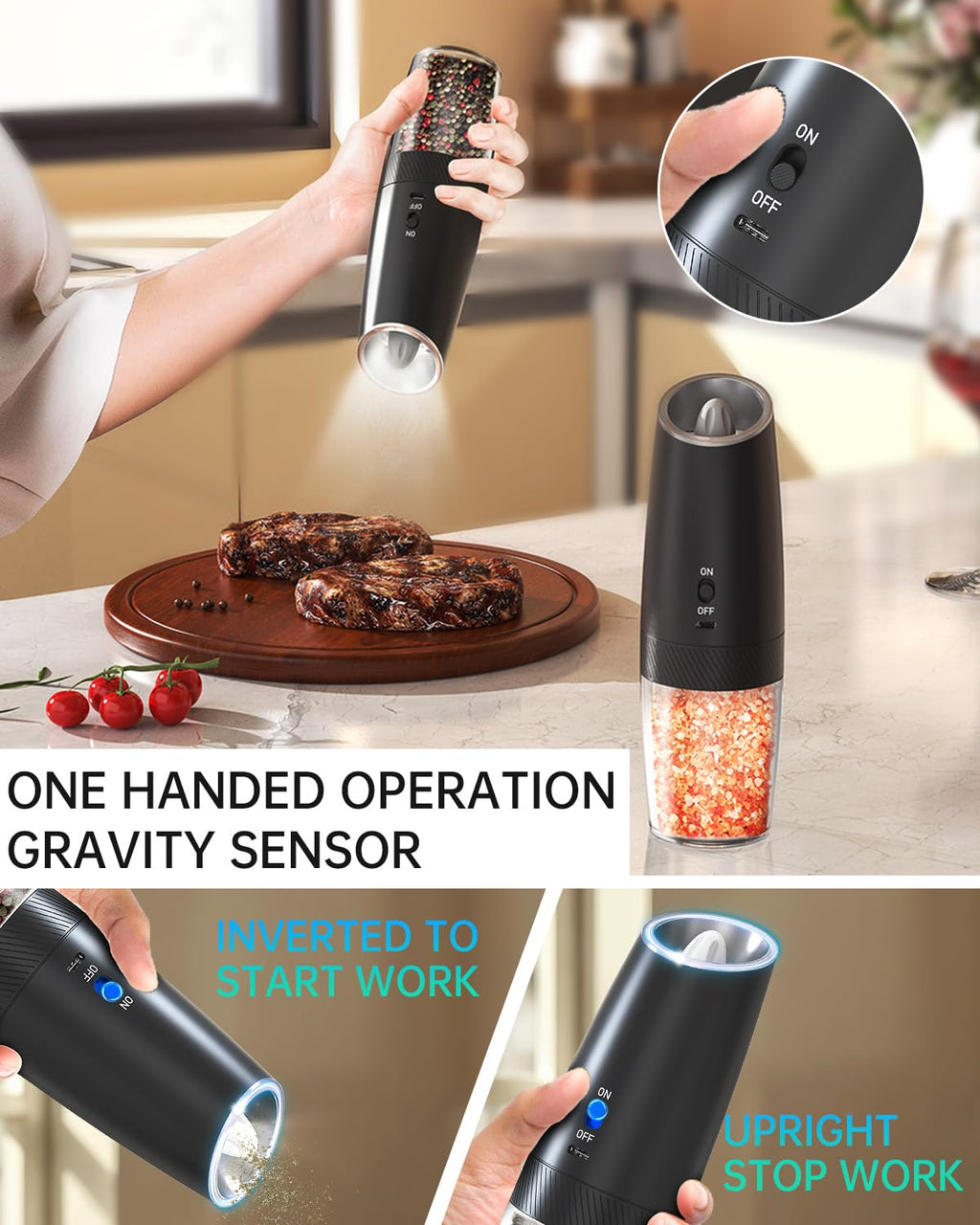 CIRCLE JOY Rechargeable Salt and Pepper Grinder Set Gravity Electric Salt and Pepper Grinder Set, LED Light, Adjustable Coarseness, for Home Kitchen BBQ, Black & White