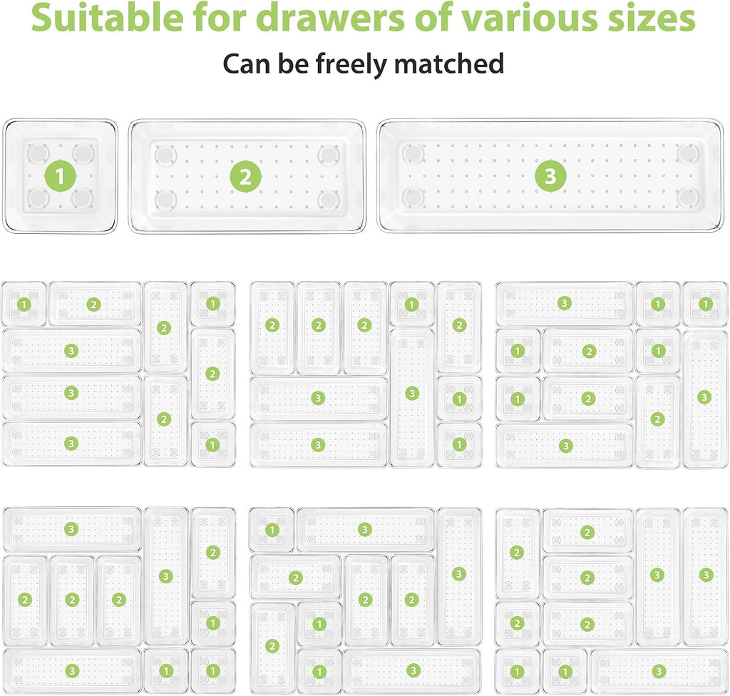 12 Piece Clear Drawer Organizer Set, 3 Sizes Bathroom Vanity Organizer Trays and Storage Bins for Makeup, Cosmetics, Jewelry, and Gadgets. Perfect for Office, Kitchen, Bedroom, Bathroom Use.