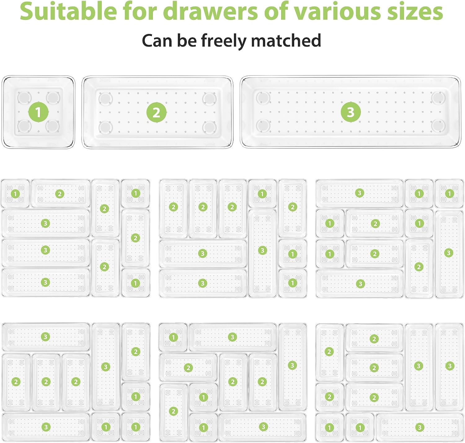 12 Piece Clear Drawer Organizer Set, 3 Sizes Bathroom Vanity Organizer Trays and Storage Bins for Makeup, Cosmetics, Jewelry, and Gadgets. Perfect for Office, Kitchen, Bedroom, Bathroom Use.