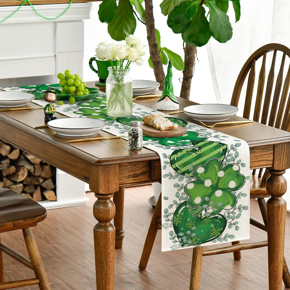 Artoid Mode Shamrock Eucalyptus Heart St. Patrick's Day Table Runner,Seasonal Spring Kitchen Dining Table Decoration for Home Party Decor 13 x 72 Inch