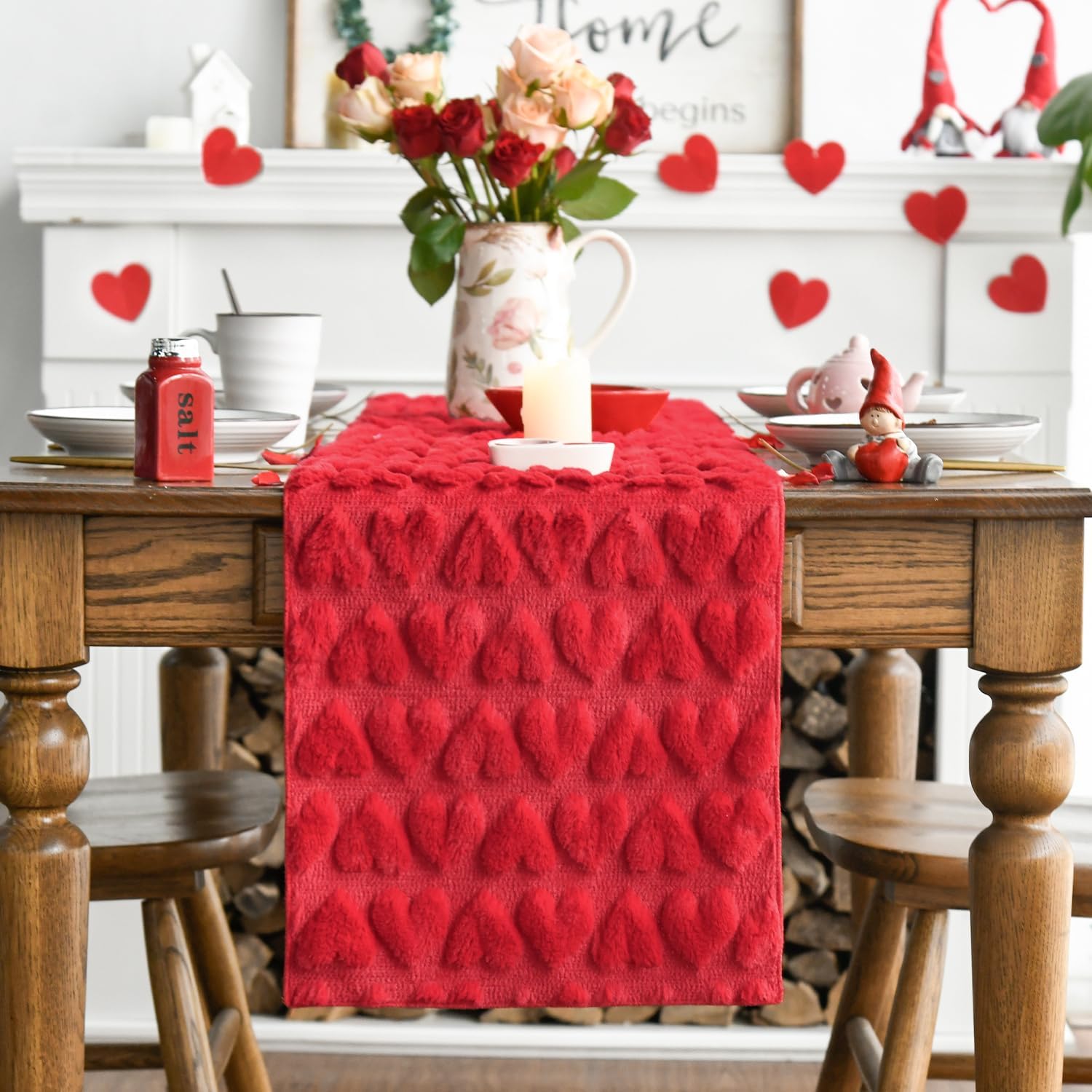Artoid Mode Red Soft Plush Faux Fur Jacquard Heart Valentine's Day Table Runner, Seasonal Kitchen Dining Table Decoration for Home Party Decor 13x72 Inch