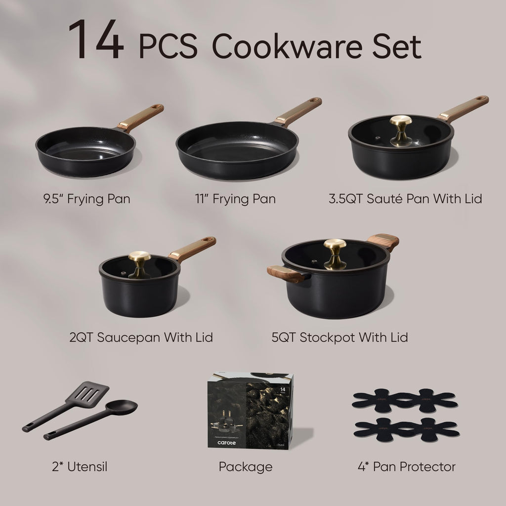 CAROTE Ceramic Cookware Set Nonstick, 14pcs Pots and Pans Set Nonstick, Non-Toxic & PFAS-Free, Dishwasher, RV/Camping Cookware Set, Cooking Pots with Lids, Charcoal Black