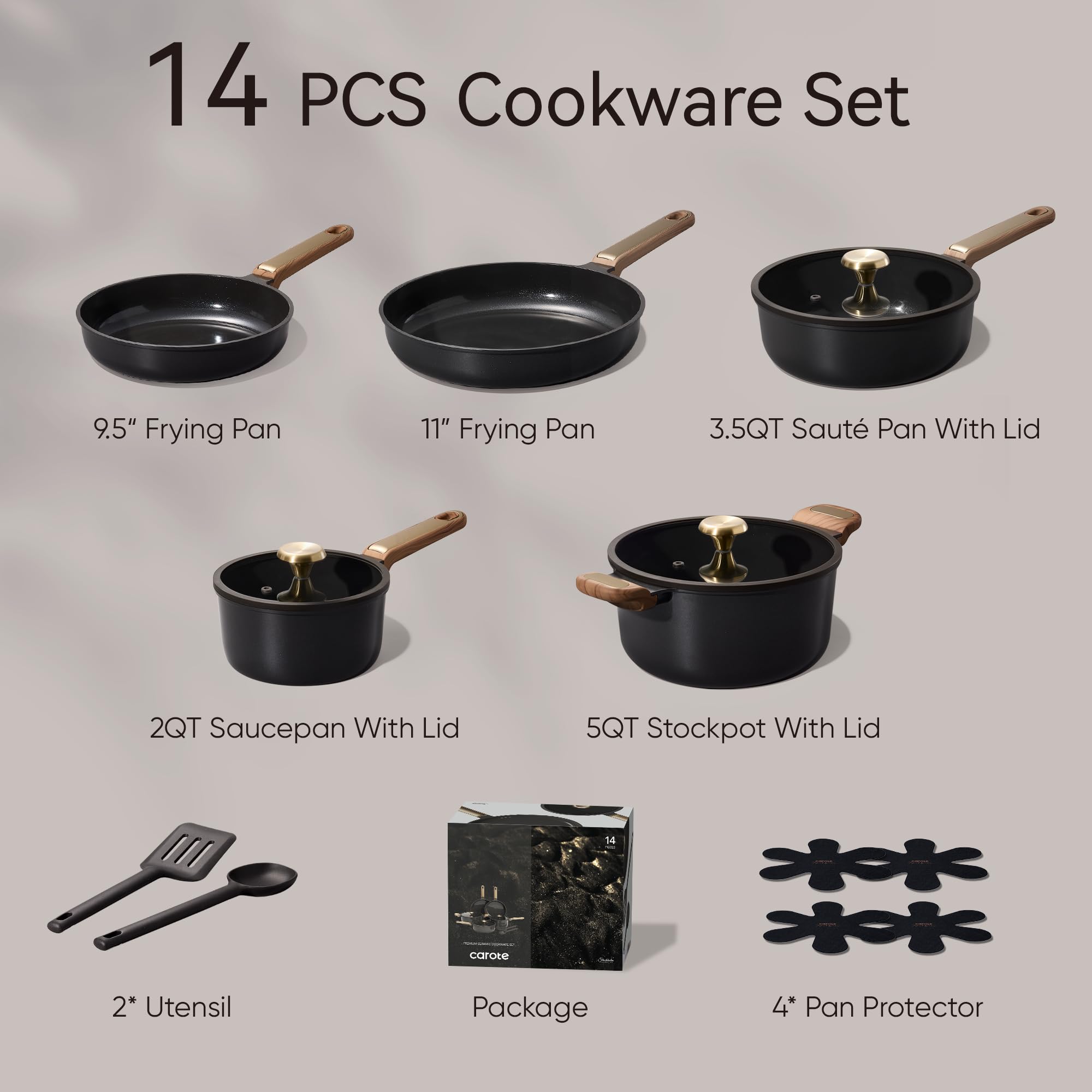 CAROTE Ceramic Cookware Set Nonstick, 14pcs Pots and Pans Set Nonstick, Non-Toxic & PFAS-Free, Dishwasher, RV/Camping Cookware Set, Cooking Pots with Lids, Charcoal Black