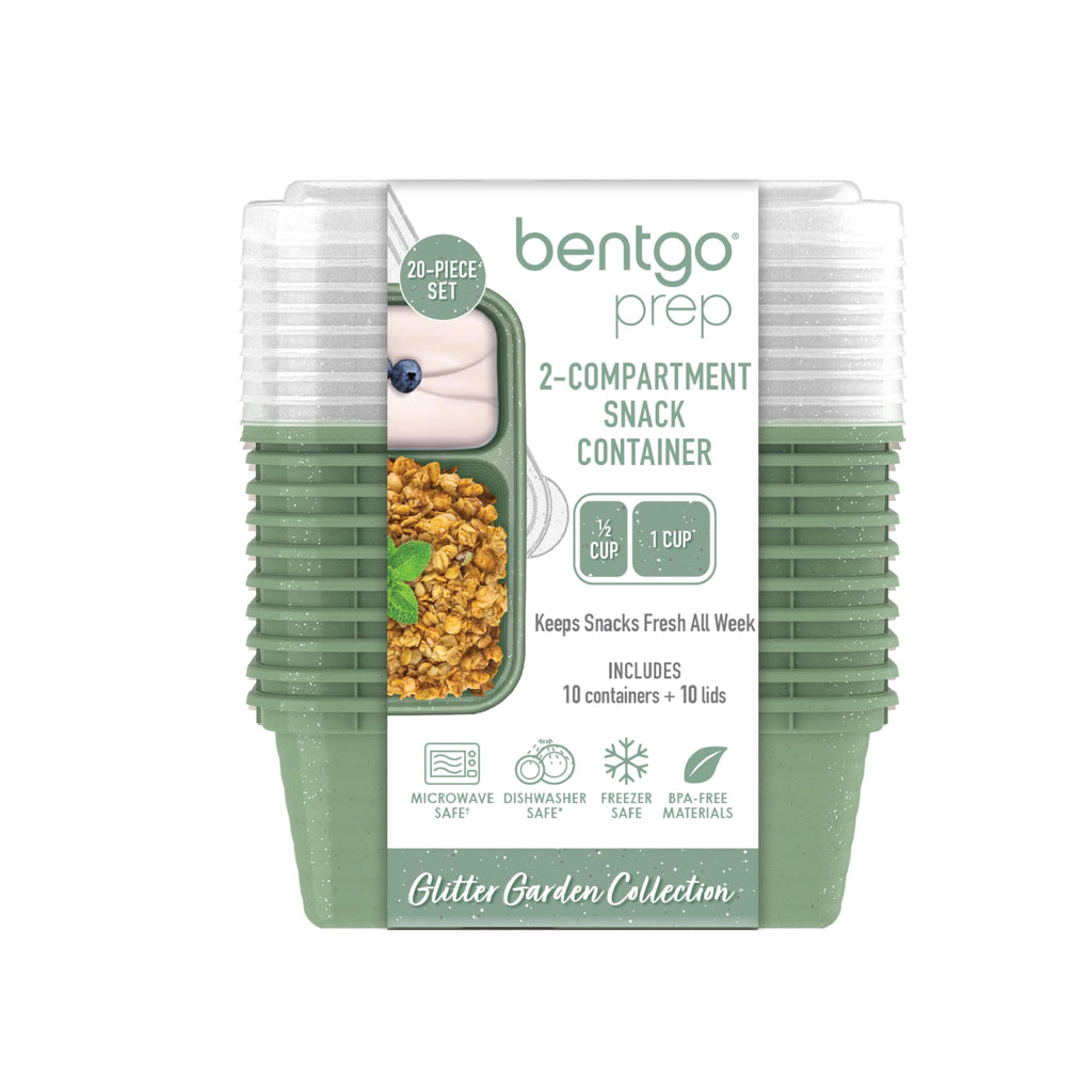 Bentgo Prep - 2-Compartment Snack Containers with Lids - Reusable, Microwaveable, Durable, PFAS & BPA-Free, Freezer, & Dishwasher-Safe Meal Prep Food Storage - 10 Trays & 10 Lids (Basil Glitter)