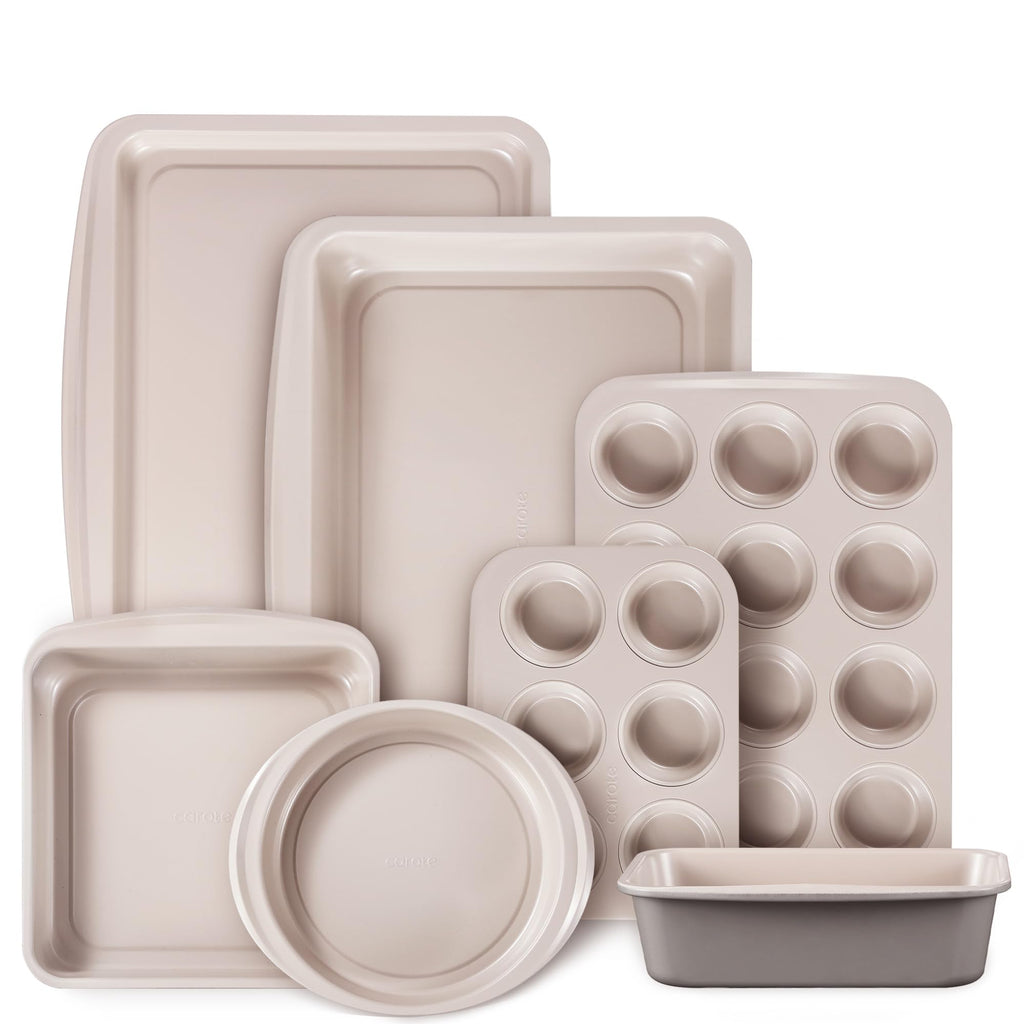CAROTE 7-Piece Nonstick Stackable Baking Pans Set - Bakeware Sets Including Cookie Sheets for Baking, Muffin Pan, Bread Pan, Cake pan, Loaf Pan, Roasting Pan, Gray & Khaki