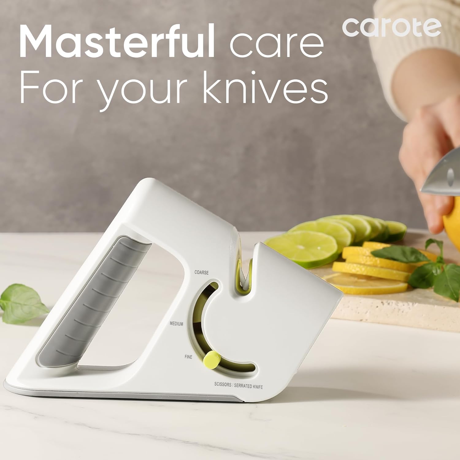 CAROTE 4-in-1 Knife Sharpener for Kitchen Knives Pocket Knife Sharpener Helps Repair, Restore,Polishe Blades, Safe & Easy to Use with Non-Slip Base and Grip Light Grey