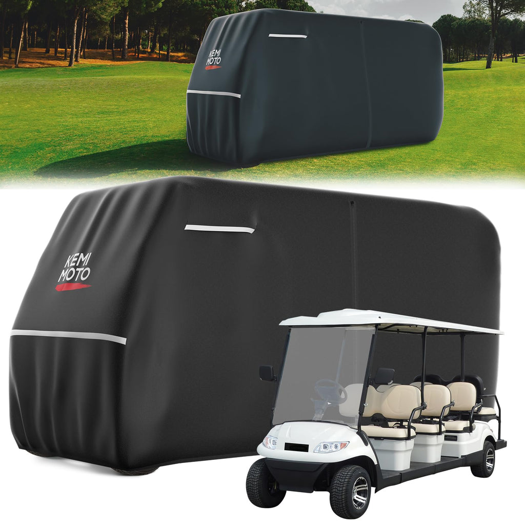 KEMIMOTO 600D Waterproof Golf Cart Cover, Universal Heavy Duty Large 6-Seater Golf Cart Rain Cover with Storage Bag Compatible with EZGO Club Car 6/4+2 Passenger, Black