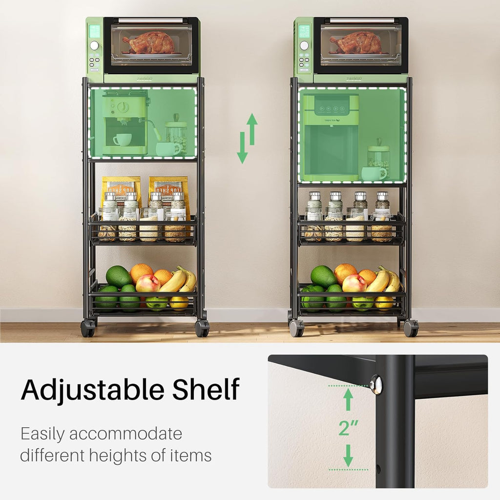 SAYZH Kitchen Microwave Stand Shelf - 4 Tiers Metal Bakers Rack with Casters, Coffee Bar Station with Storage, Black