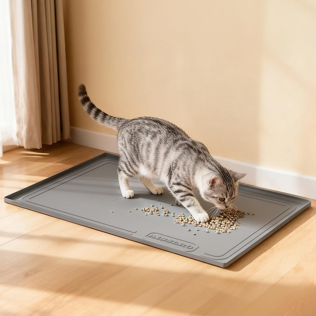 Aisslro Under Sink Mat 22" X 19", Waterproof Silicone Cabinet Protector with Raised Edge, Kitchen & Bathroom Leak Tray, Shelf Liner & Pet Feeding Mat for Dog Cat Food Mats, Light Gray