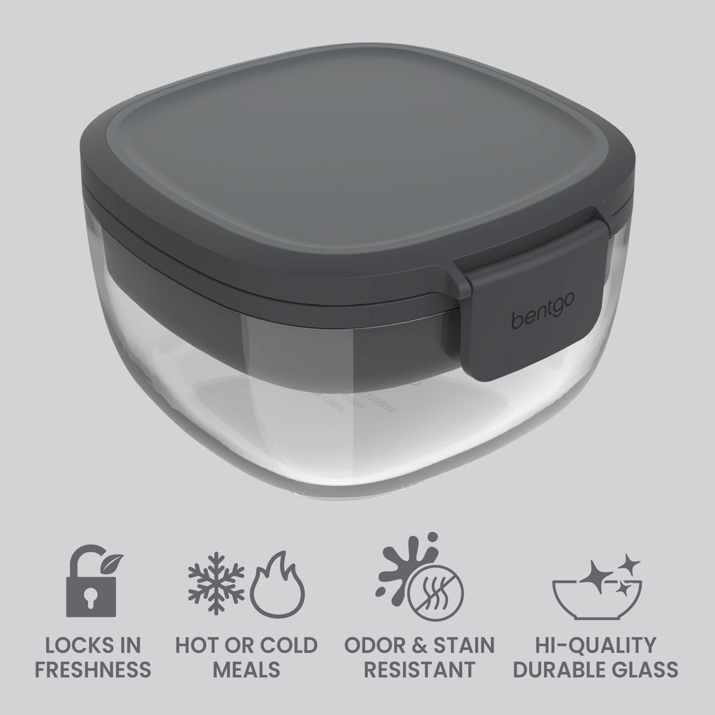 Bentgo Glass Salad Container - 7.6-Cup Salad Bowl with Airtight Lid, Leak-Proof Sauce Container, 4-Compartment Bento Tray & Reusable Fork - BPA-Free for Meal Prep, Office & More (Lavender)