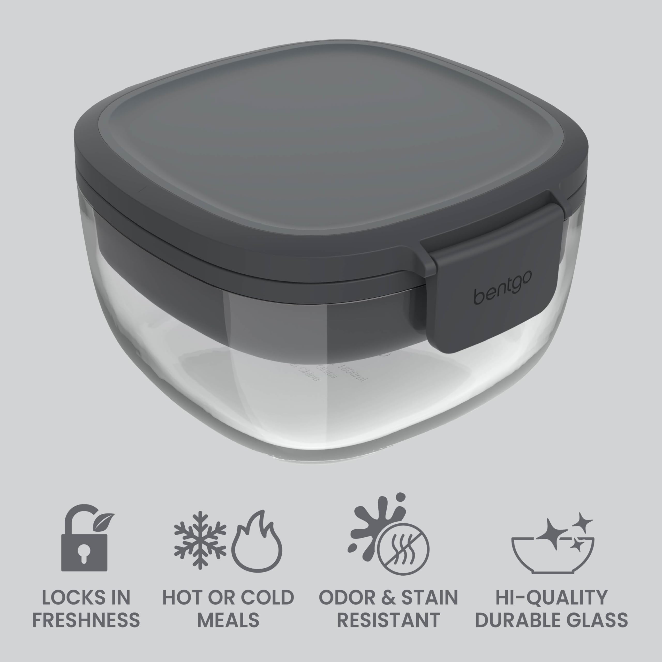 Bentgo Glass Salad Container - 7.6-Cup Salad Bowl with Airtight Lid, Leak-Proof Sauce Container, 4-Compartment Bento Tray & Reusable Fork - BPA-Free for Meal Prep, Office & More (Lavender)