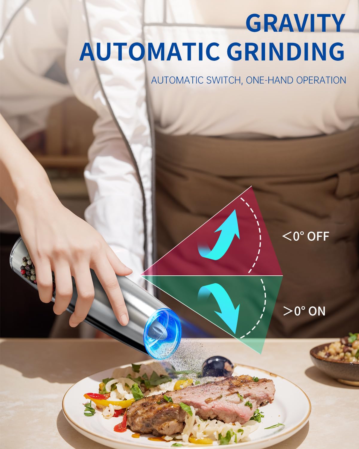 CIRCLE JOY Rechargeable Salt and Pepper Grinder Set Gravity Electric Salt and Pepper Grinder Set, LED Light, Adjustable Coarseness, for Home Kitchen BBQ, Black & White