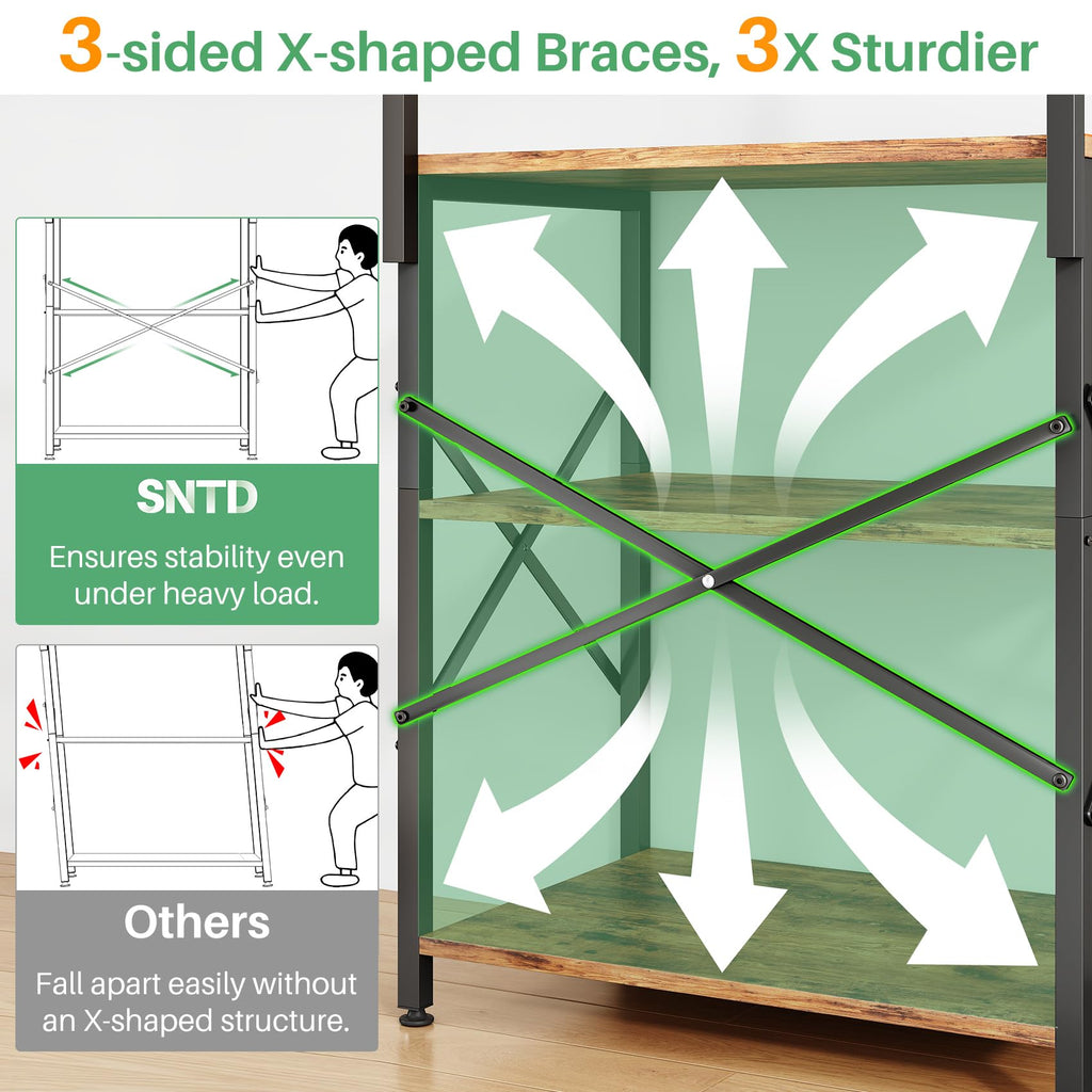 SNTD Bakers Rack with Power Outlet, Kitchen Shelves Microwave Stand with Wire Grid and 10 Hooks, 4 Tiers Coffee Stand (Rustic Brown, 23.5 x 15.6 x 52.8 Inches)