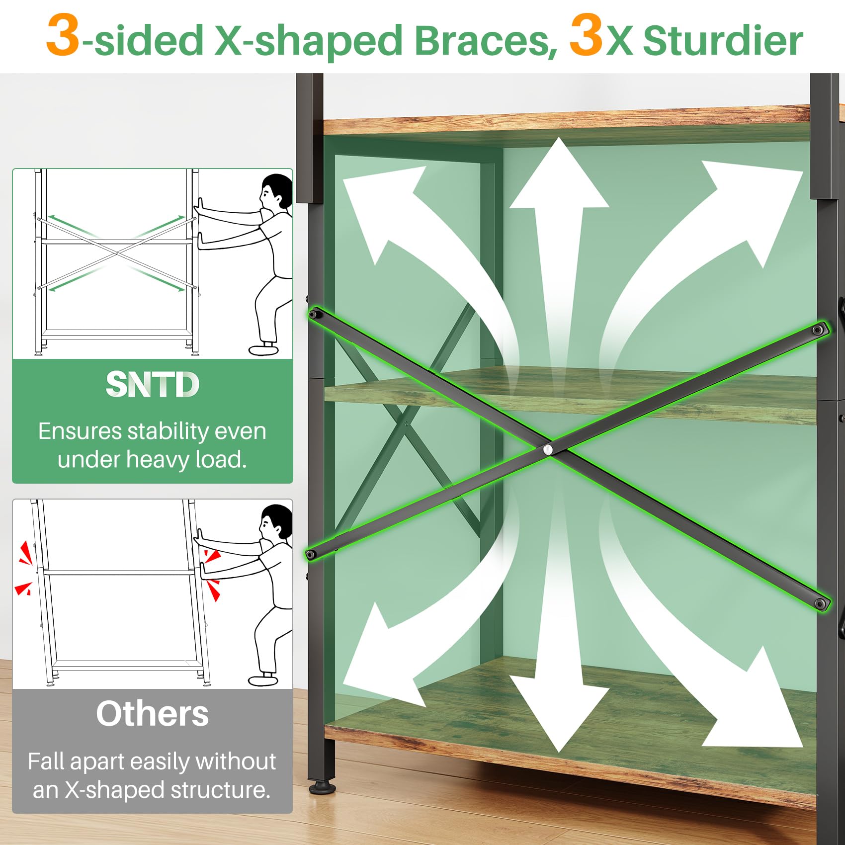 SNTD Bakers Rack with Power Outlet, Kitchen Shelves Microwave Stand with Wire Grid and 10 Hooks, 4 Tiers Coffee Stand (Rustic Brown, 23.5 x 15.6 x 52.8 Inches)