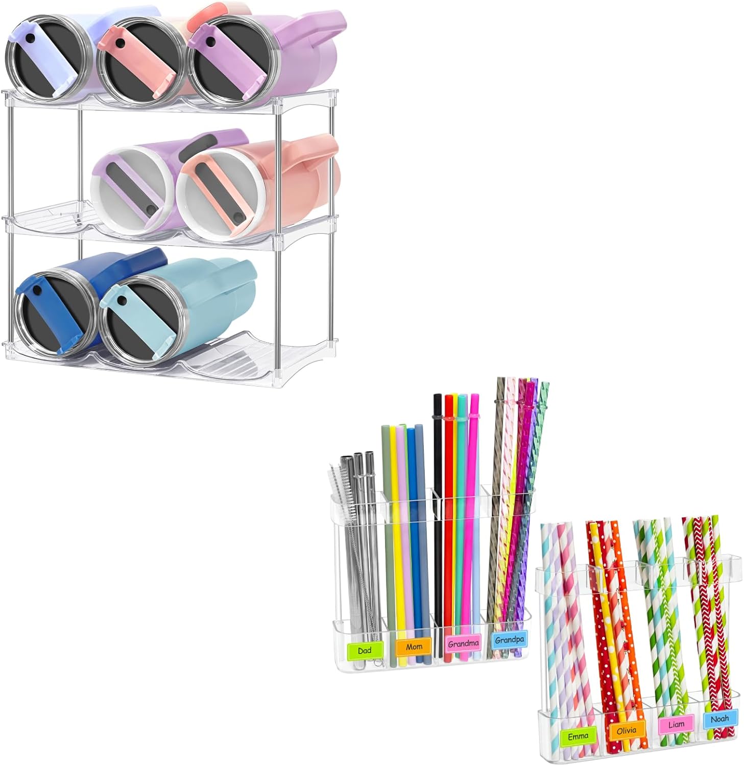 Homecor Water Bottle Organizer for Stanley 40 oz Tumbler + 2 Pack Acrylic Straw Holder for Cabinet Door